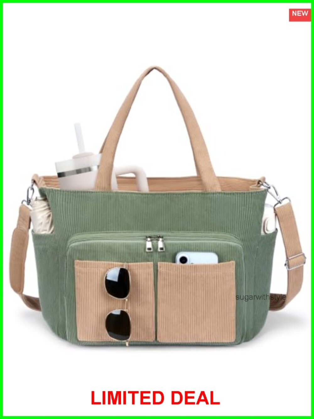 Large Corduroy Tote Bag 16 Pockets Laptop Travel Work School